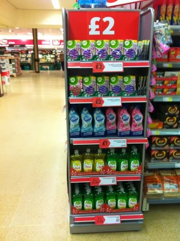 instore promotional stand of cleaning products