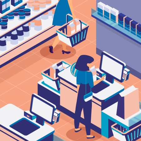 Illustration of a woman standing at a supermarket self-checkout, scanning items from her basket while another shopper walks past shelves of products.