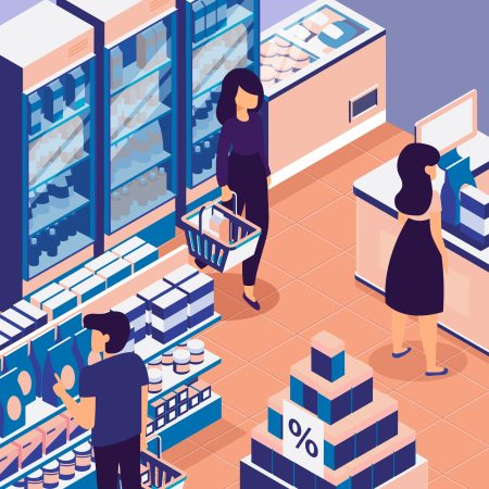 Illustration of people shopping in a supermarket, with one person carrying a basket, another browsing products on the shelves, and a display of discounted items in the centre.