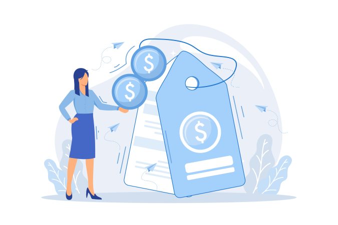 People standing near a large downward arrow with percentage sign and coins, symbolizing discounts, price reduction, or financial decline.